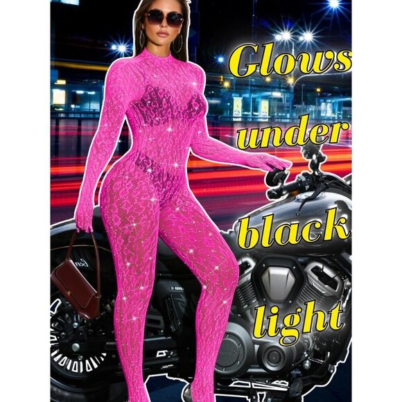 🆕Women Pink Sexy Lace Jumpsuit Leopard Fishnet Bodysuit Outfits Mesh Lingerie - Picture 5 of 7